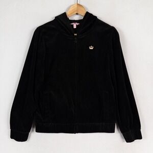 Juicy Couture Velour Zip Up Hoodie Girls XL 16 Black Spellout Y2K Aesthetic